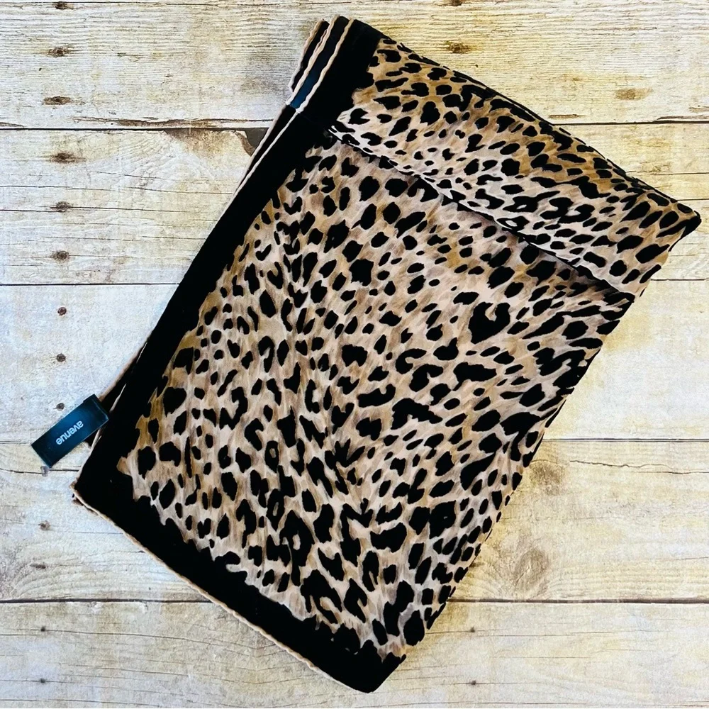 Avenue Leopard Print Scarf Silk Rayon Blend Black Tan Animal Print Wrap‎ Scarf